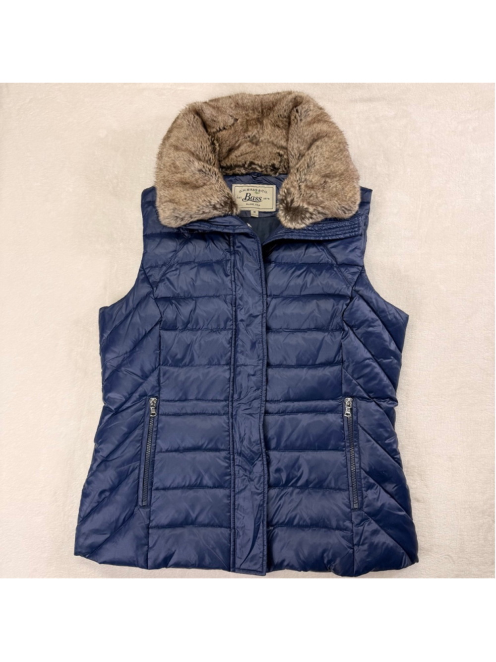 Women's G.H. Bass & Co. Blue Puffer Vest with Faux Fur Collar Medium